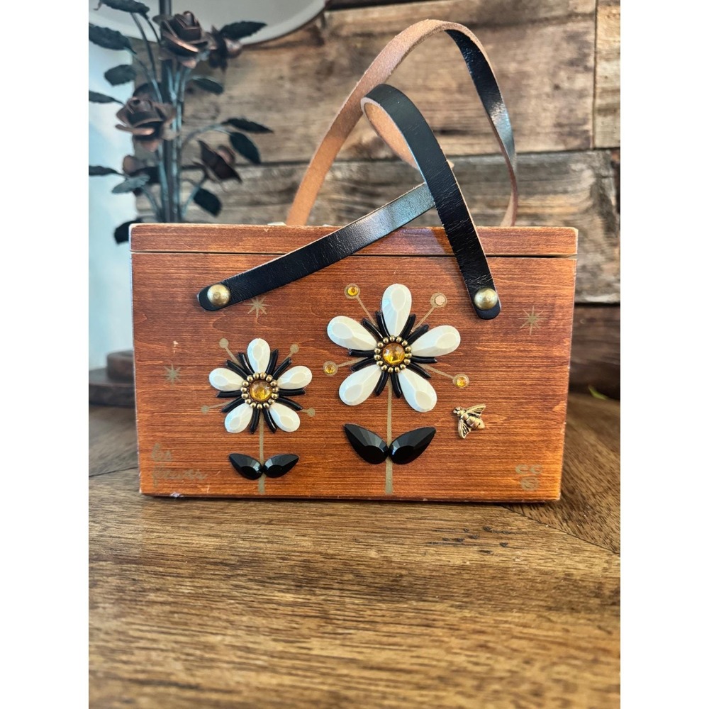 Vintage Enid Collins Style Wood Box Purse Les Fleurs Floral Jewel Bee Handbag